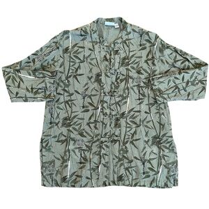 Vintage Chico's Sage Green Asian Inspired Bamboo Print Blouse Jacket Linen Large